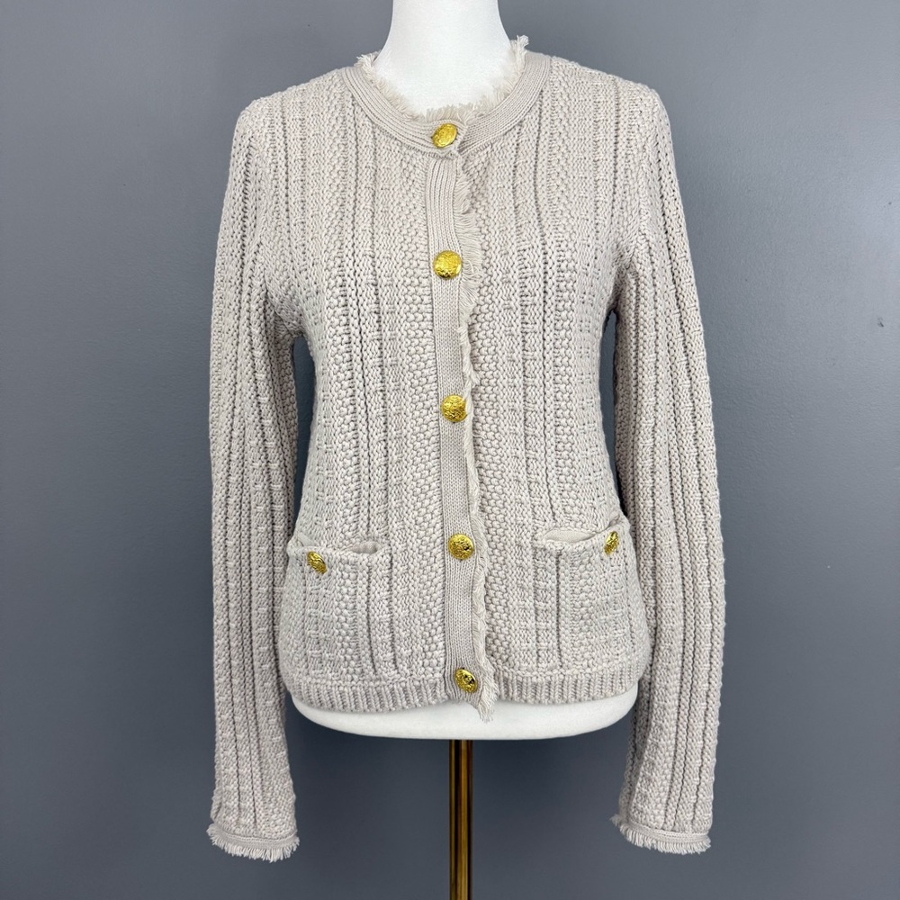 NWT Tahari Fringe Cable Knit Cardigan Sweater Pale Platinum Beige Gold Button S